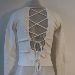 NWT Womens Ramy Brook Lucas Ivory Ribbed Sweater W/Open Lace Up Back S